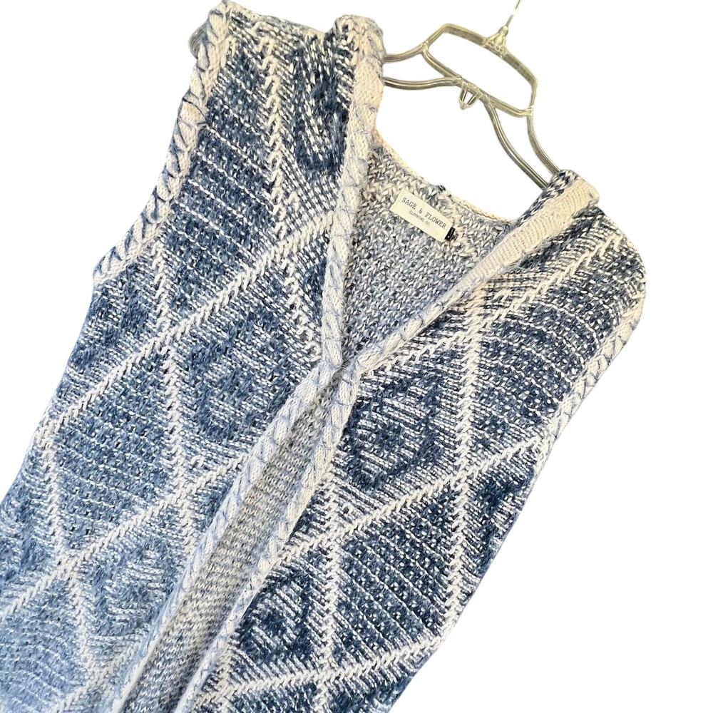 Sage & Flower Long Cardigan Womens Blue White Hooded Geometric Slit Sleeveless